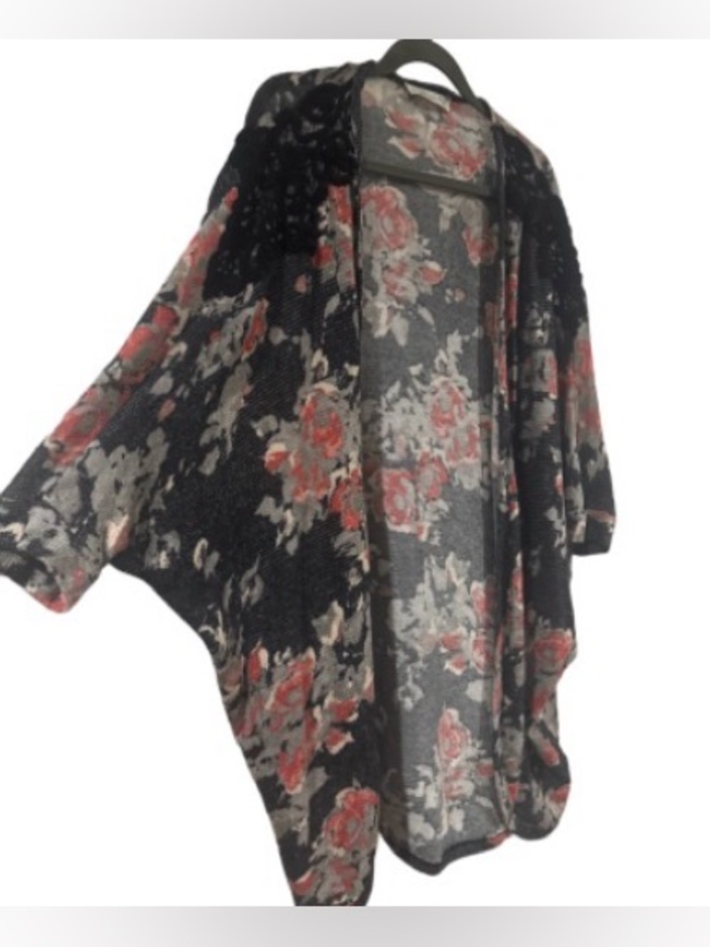 Abercrombie & Fitch Floral Open-Front Dolman Cardigan - Black with Coral Flowers